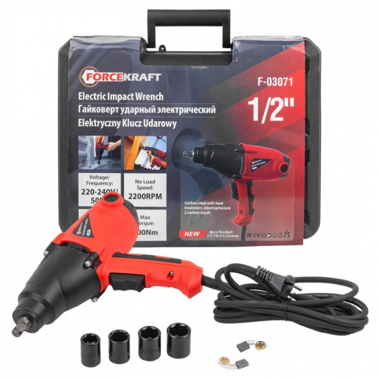 FORCEKRAFT Гайковерт ударный электрический 1/2" (220-240V, 1010W, 500Нм) с комплектом головок (17, 19, 21, 22мм) FK-F-03071 - 1