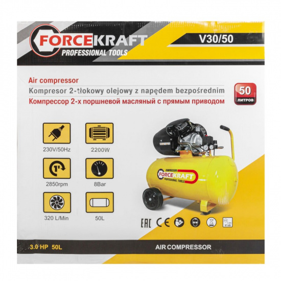 FORCEKRAFT Компрессор 2-х поршневой с прямым приводом (ресивер 50л, 8 бар, 320л/м, 1100W, 230V) FK-V30/50 - 1