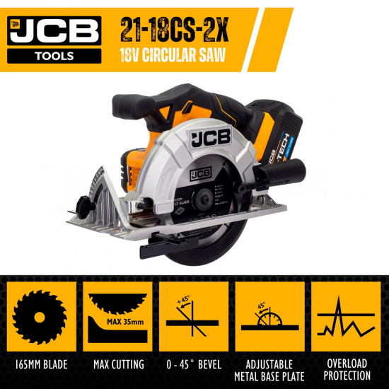 JCB Пила циркулярная аккум (JCB-18CS-B-E)18V,3650 об/мин,диаметр диска 165мм в к-те с зарядным уст-вом(JCB-18VFC-E) 2.4A и батареей аккум(JCB-20LI-E)2.0AH JCB-18CS-2XB-E - 1