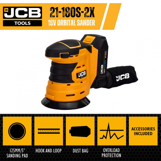 JCB Шлиф.машина орбит.аккум(18OS-B-E) 18V, 0-10 000об/мин,диаметр диска 125мм в к-те с зарядным у-вом (JCB-18VFC-E)2.4A и батареей аккум.(JCB-20LI-E)2.0AH JCB-18OS-2XB-E - 1