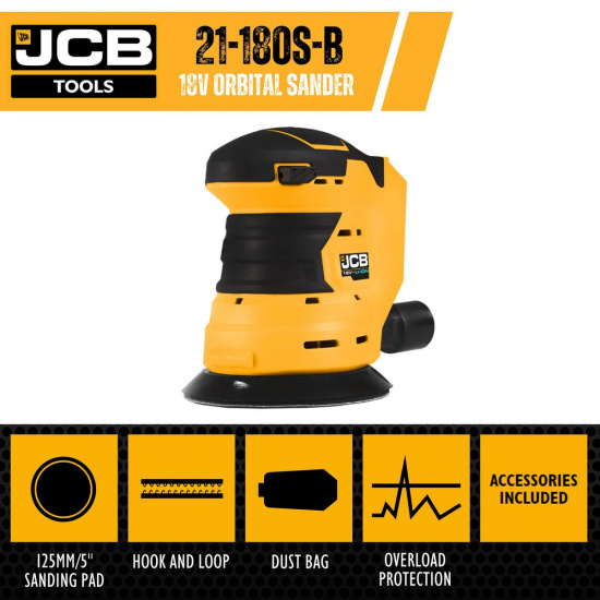 JCB Шлифмашина орбитальная аккумуляторная 18V, 0-10 000об/мин, диаметр диска  125 мм, без аккумулятора JCB-18OS-B-E - 1