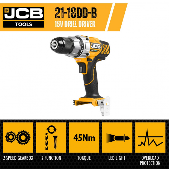 JCB Дрель-шуруповерт аккумуляторная 18V, max 45Nm, без аккумулятора JCB-18DD-B-E - 1