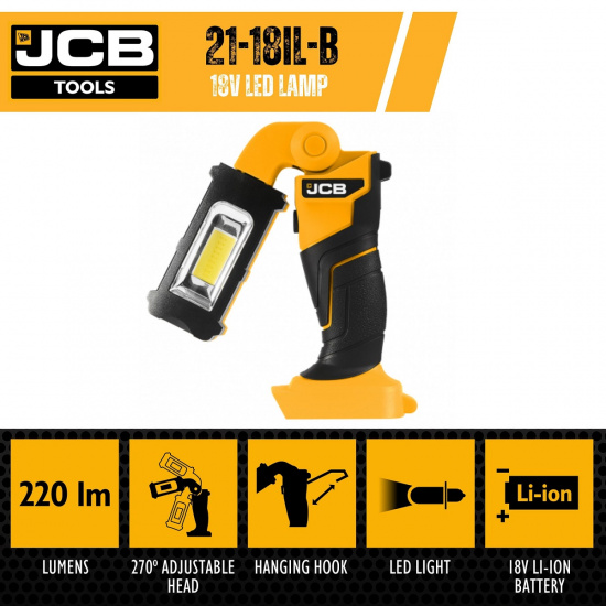JCB Лампа светодиодная аккумуляторная 18V, 220 Lum, повротная головка 270град, без аккумулятора JCB-18IL-B-E - 1