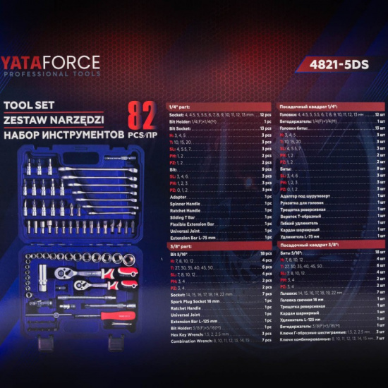 YATAFORCE Набор инструментов 82пр. 1/4", 3/8" (6гр.) YF-4821-5DS - 1