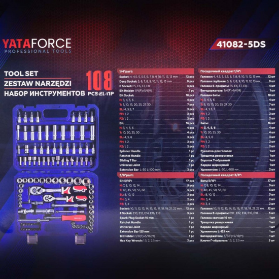 YATAFORCE Набор инструментов 108пр. 1/4", 3/8" (6гр.) YF-41082-5DS - 1