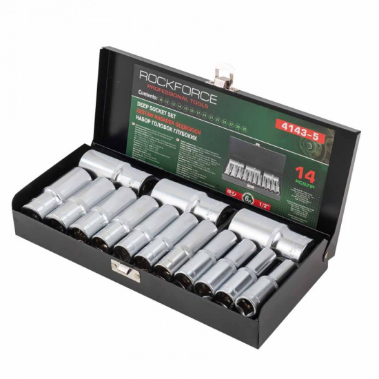 ROCK FORCE Набор головок глубоких 14пр. 1/2" в мет.кейсе RF-4143-5new - 1
