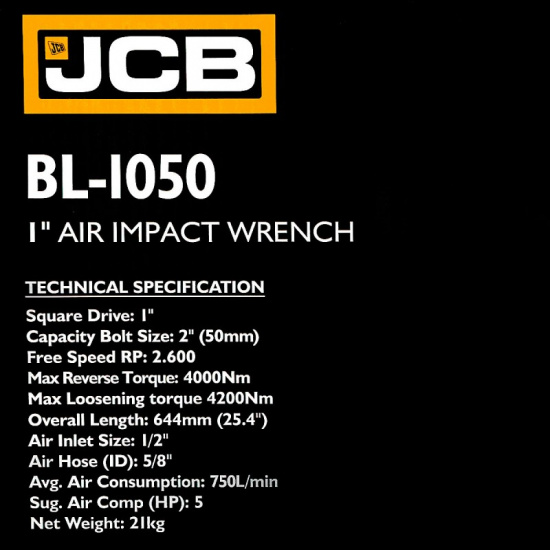 JCB Пневмогайковерт ударный с длинным валом,реверсом и регулировкой усилия 1''(4000/4200Hм, 2600 об/мин,750 л/мин,21кг) JCB-BL-1050 - 1