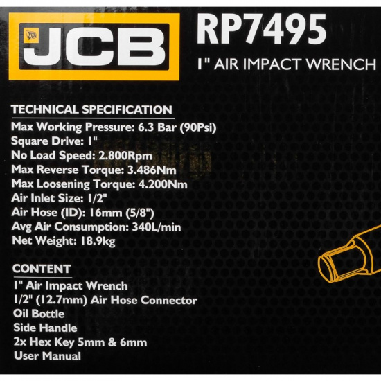 JCB Пневмогайковерт ударный с длинным валом,реверсом и регулировкой усилия 1''(3486/4200Hм, 2800 об/мин,6.3bar,340 л/мин,8.4кг) JCB-RP7495 - 1