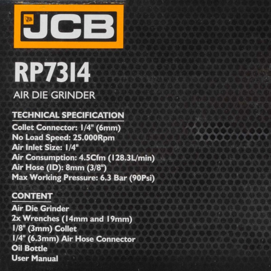 JCB Пневмозачистная машинка (цанги:3мм,6мм, 25000об/мин, 128л/мин,6.3Bar,штуцер 1/4") JCB-RP7314 - 1