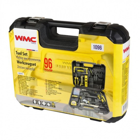 WMC TOOLS ( 4 K-T ) Набор инструментов 96пр(дрель ударная ,набор бит , сверло ,плоск , уровень ,ножовка ,кл разводной ,рулетка ,ножовка ,уровень ,нож , комплект WMC-1096 ( 4 K-T ) - 1