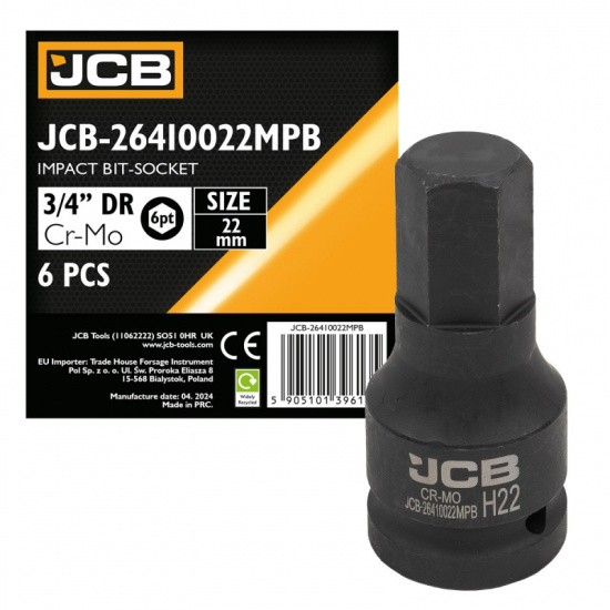 JCB Головка-бита ударная 6-гранная 3/4", 22мм JCB-26410022MPB - 1