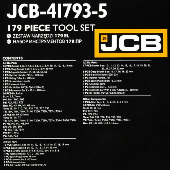 JCB Набор инструментов 179пр. 1/4" 3/8" 1/2" (6гр.) JCB-41793-5 - 1