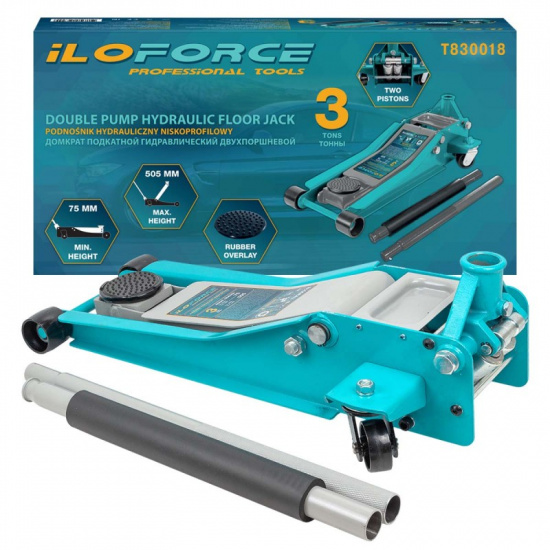 ILOFORCE Домкрат подкатной гидравлический низкопрофильный двухпоршневой с резиновой накладкой 3т (h min 75мм, h max 505мм) IF-T830018 - 1