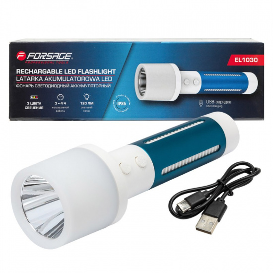 FORSAGE Фонарь ручной аккумуляторный (бел.LED 3Вт,желт.SMD 1Вт,красн.SMD 0.5Вт, 5 режимов работы, аккум. 1200мАч, 120Лм, время работы 3-4ч, время зар. 4-5ч) F-EL1030 - 1