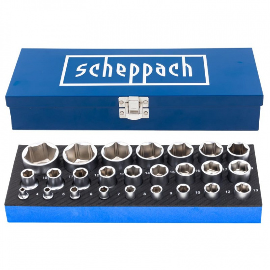 SCHEPPACH Набор головок 1/4", 1/2", 25пр. (6гр.)(1/2": 10,11,12,13,14,15,16,17,18,19,21,22,24,27,30,32мм. 1/4": 4,5, 6,7,8,9,10,12,13мм.)в метал.кейсе Sch-50121G - 1
