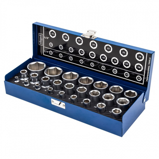 SCHEPPACH Набор головок 1/4", 1/2", 25пр. (6гр.)(1/2": 10,11,12,13,14,15,16,17,18,19,21,22,24,27,30,32мм. 1/4": 4,5, 6,7,8,9,10,12,13мм.)в метал.кейсе Sch-50121G - 1