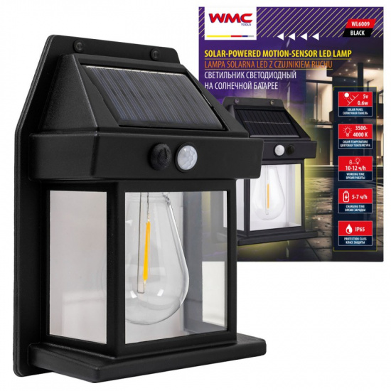 WMC TOOLS Светильник светодиодный на солнечной батарее с датчиком движения черный (3.7В/1200мАч,SMD2835,3500-4000,t зарядки 5-7ч,t работы 10-12ч) WMC-WL6009 BLACK - 1