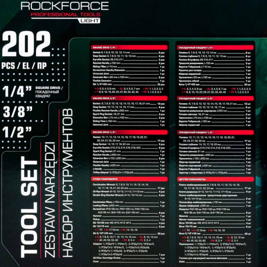 ROCK FORCE LIGHT Набор инструментов 202пр. 1/4", 3/8", 1/2" (6гр.) RF LIGHT-42022-5 - 1