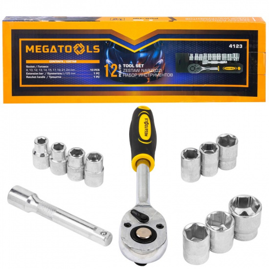 MEGATOOLS Набор головок с трещоткой и удлинителем 12пр.1/2''(6гр)(8,10,12-15,17,19,21,24мм),в пласт. Держателе MT-4123 - 1