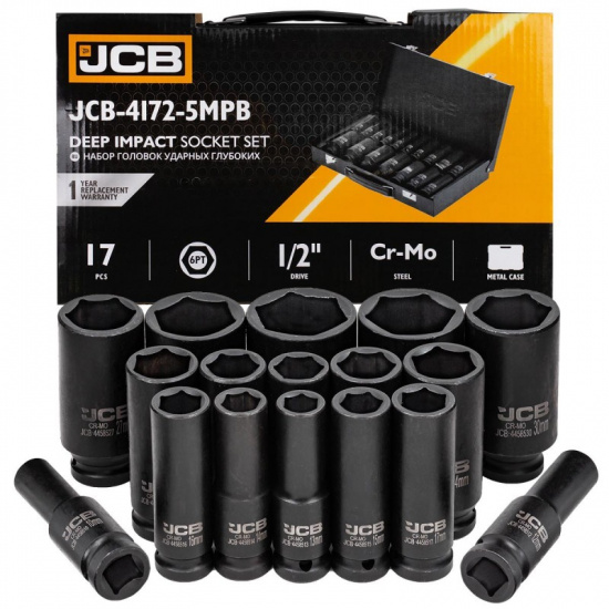 JCB Набор головок ударных 17пр. 1/2'' (6гр.) (10,12-19,21,22,24,27,30,32,34,36мм),в метал кейсе JCB-4172-5MPB - 1