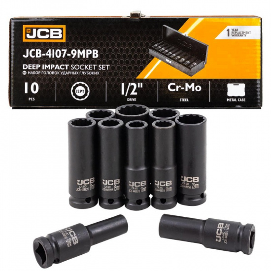 JCB Набор головок ударных глубоких 10пр.,1/2" (12гр.) (10,12-15,17,19,21,22,24мм), в пластиковом кейсе JCB-4107-9MPB - 1