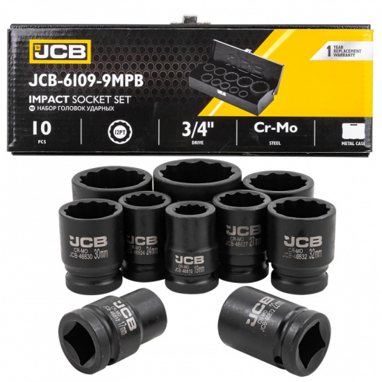 JCB Набор головок ударных 3/4" 10пр. (12гр.) (17,19,22,24,27,30,32,36,41,46мм) JCB-6109-9MPB - 1