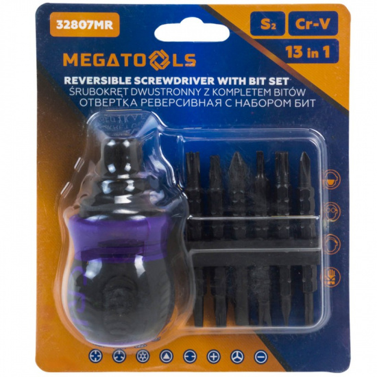 MEGATOOLS Отвертка реверсивная в комплекте с битами, набор MT-32807MR - 1