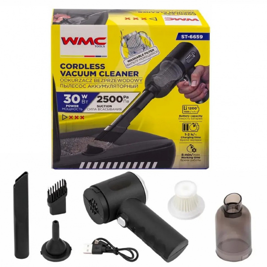 WMC TOOLS Пылесос портативный аккумуляторный (3,7В,1200мА/ч) 30Вт, контейнер 0,45л WMC-ST-6659 - 1