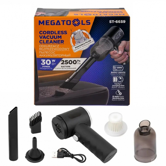MEGATOOLS Пылесос портативный аккумуляторный (3,7В,1200мА/ч) 30Вт, контейнер 0,45л MT-ST-6659 - 1