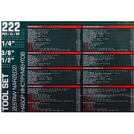 ROCK FORCE LIGHT Набор инструментов 222пр. 1/4" 3/8" 1/2" 6гр RF LIGHT-42222-5 - 1
