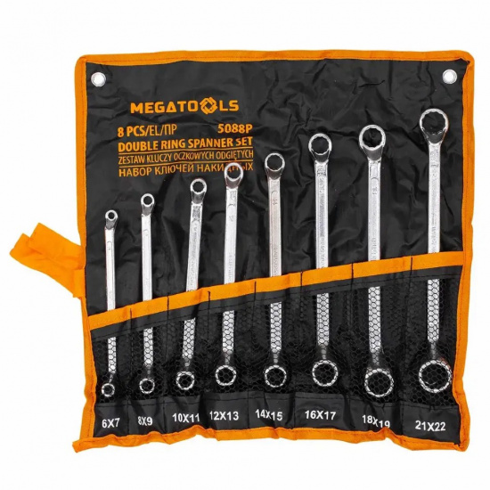 MEGATOOLS Ключи накидные, отогнутые на 75град., набор 8пр. (6х7, 8х9, 10х11, 12х13, 14х15, 16х17, 18х19, 21х22мм) MT-5088P - 1