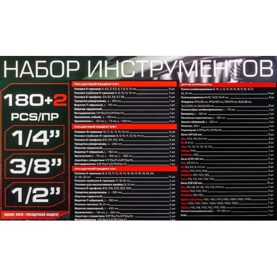 ROCK FORCE Набор инструментов 180+2пр. 1/4", 3/8", 1/2" (6гр.,12гр.) RF-41802+2 - 1