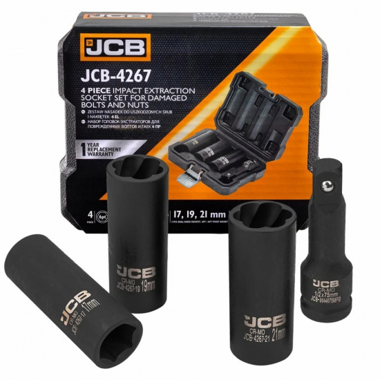 JCB Головки-экстракторы 17, 19, 21мм для извлечения поврежденных болтов/гаек с удлинителем 75мм, набор 4пр., 1/2" (6гр.) JCB-4267 - 1