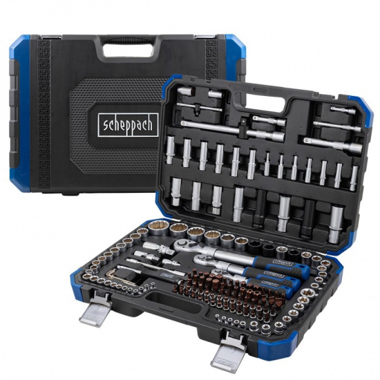 SCHEPPACH Набор инструментов 150+6пр.1/4" 3/8"1/2"(6-гр.)(4-36мм; 3/8":10-19мм 12гр.; 1/2":27,30,32,36-12гр.)+(биты 5/16":М6,8,10,12,14; гибкий удлинитель 1/4") Sch-41501-5 (Premium) - 1