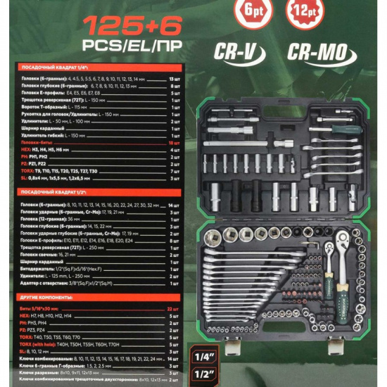 ROCK FORCE Набор инструментов 125+6пр. 1/4'', 1/2'' (6гр.) RF-41252-5 Premium - 1