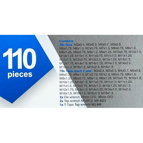JBC Набор метчик.и плашек110пр(2х0.4,3х0.5,4х0.7,5х0.8,6х0.75-1,8х0.75-1,25,9х0.75-1.25,10х0.75-1.5,11х0.75/1/1.25/1.5, 12х0.75-1.75,14х1-2,16х1-2,18х1.5) JBC-M110-1 - 1