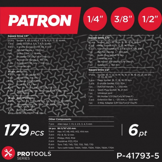 PATRON Набор инструментов 179пр. 1/4", 3/8", 1/2" (6гр.) P-41793-5 - 1
