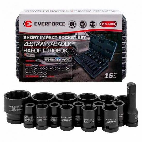 EVERFORCE Набор головок ударных глубоких 16пр. 1/2" 12pt EF-4177-5MPB - 1