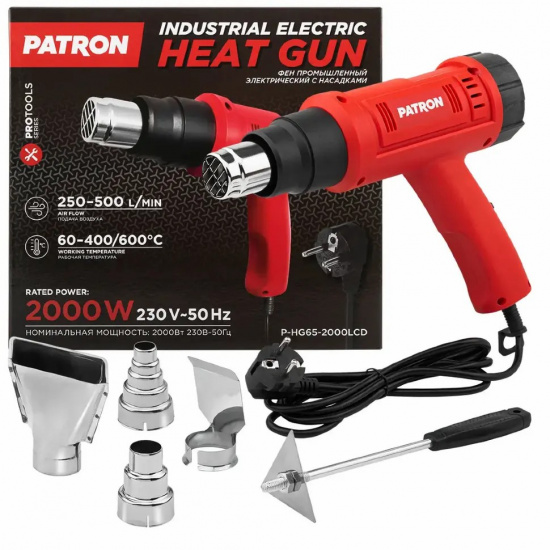 PATRON Фен промышленный электрический с насадками 2000Вт P-HG65-2000LCD - 1