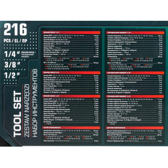 ROCK FORCE LIGHT Набор инструментов 216пр. 1/4", 3/8", 1/2" (6гр.) RF LIGHT-38841L - 1
