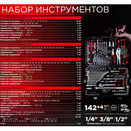 FORCEKRAFT LIGHT Набор инструментов 142+4пр. 1/4'', 3/8'', 1/2''(6гр.) FK LIGHT-41421-5LDS - 1