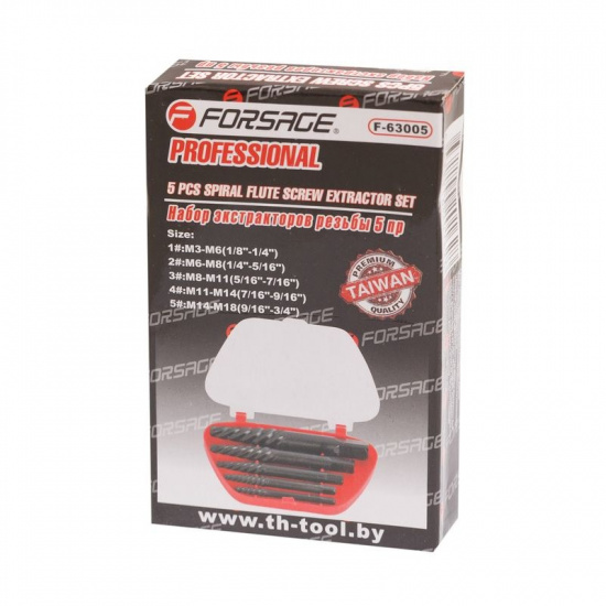 FORSAGE Набор экстракторов резьбы 5пр.(М3-М18; Ø:3-6мм, 6-8мм, 8-11мм, 11-14мм, 14-18мм), в пластиковом футляре F-63005 - 1