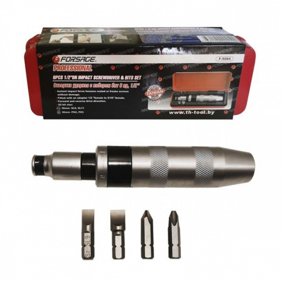 FORSAGE Отвертка ударная с набором бит и адаптером, 6пр 1/2"(F)х5/16"(F) (PH2,3х36мм; SL9,11х36мм) в метал. кейсе F-5064 - 1