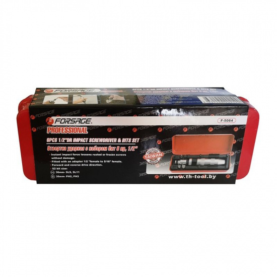 FORSAGE Отвертка ударная с набором бит и адаптером, 6пр 1/2"(F)х5/16"(F) (PH2,3х36мм; SL9,11х36мм) в метал. кейсе F-5064 - 1