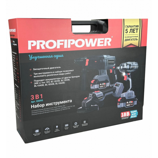 Аккумуляторный бесщеточный НАБОР 3в1 PROFIPOWER ProfiSet 3D18 (Li-ion-2шт, 4Ач, З/У, в кейсе, E0080, E0081, T0058) E0095 - 1