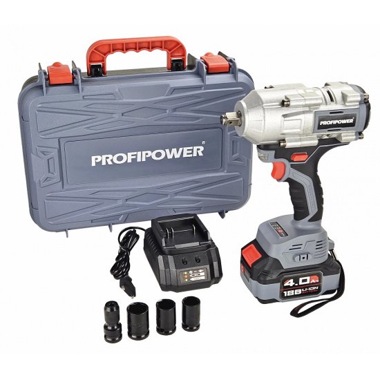 Аккумуляторный бесщеточный ударный гайковерт PROFIPOWER T-900N (18В,Li-ion-1шт, 4.0Ач, 900Нм, ударные головки 17/19/21мм, З/У, в кейсе) E0186 - 1
