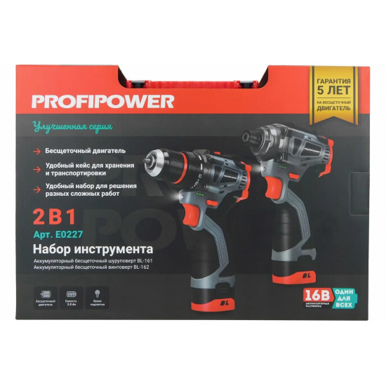 Аккумуляторный бесщеточный НАБОР 2в1 ProfiSet 2A16 (Li-ion 2шт, 2.0Ач, З/У, в кейсе, E0210, E0211) E0227 - 1