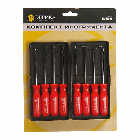 ЭВРИКА Набор ER-58003 шило (1 шт.)/крючки (изогнутый, 45°, 90°)/отвертки (Sl 1, Ph #0, T15, T20), 8 предметов - 1