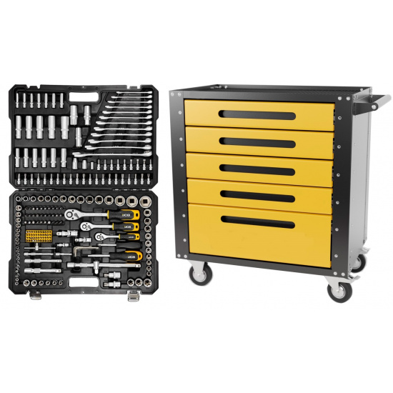 Комплект Набор инструментов JCB 216пр. 1/4'', 3/8'', 1/2''(6гр.)(4-32мм) JCB-38841 и Тележка инструментальная 5 ящиков, Цвет:желтый - 1