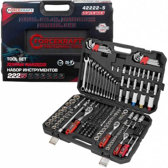 Комплект Набор инструментов FORCEKRAFT 222пр. 1/4" 3/8" 1/2" (6гр.) FK-42222-5 и Тележка инструментальная 6 ящиков, Цвет:красный - 1